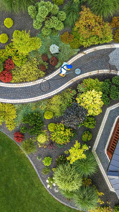 a landscaper applying the final touches to a well designed yard